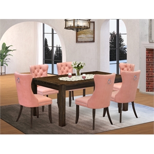 East West Furniture 7-Piece Dining Set in Beige Red/Distressed Jacobean