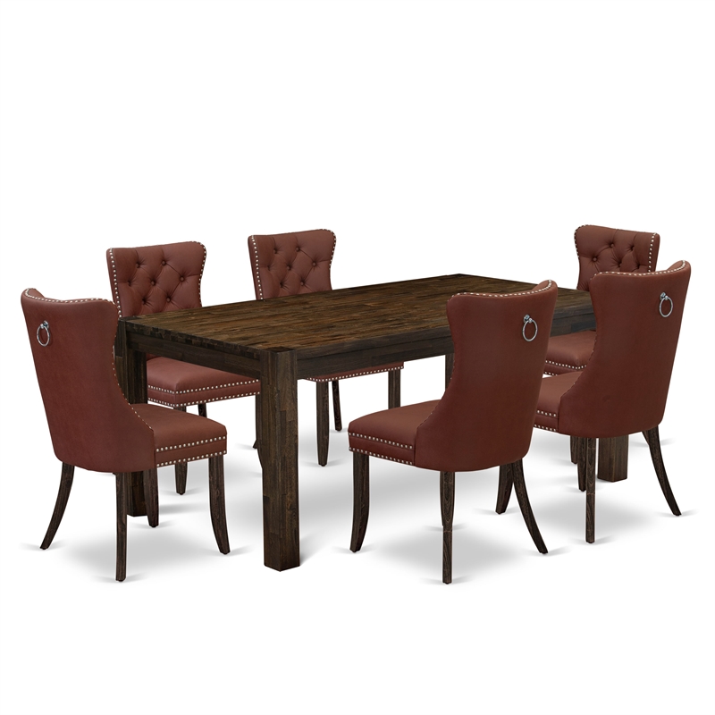 East West Furniture 7-Piece Dining Table Set in Burgundy/Distressed Jacobean