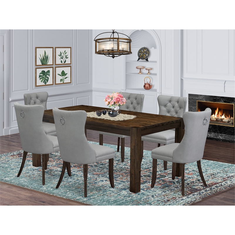 East West Furniture 7-Piece Dining Table Set in Light Gray/Distressed Jacobean