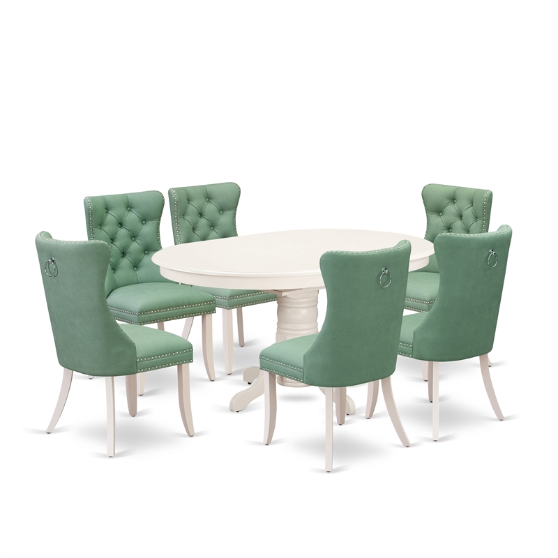 East West Furniture 7-Piece Modern Dining Table Set in Linen White/Willow Green