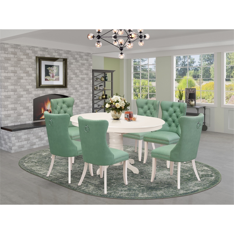 East West Furniture 7-Piece Modern Dining Table Set in Linen White/Willow Green