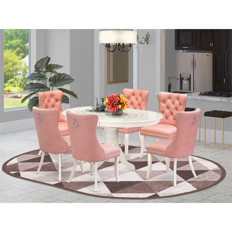 East West Furniture 7-Piece Dining Room Set in Linen White/Beige Red
