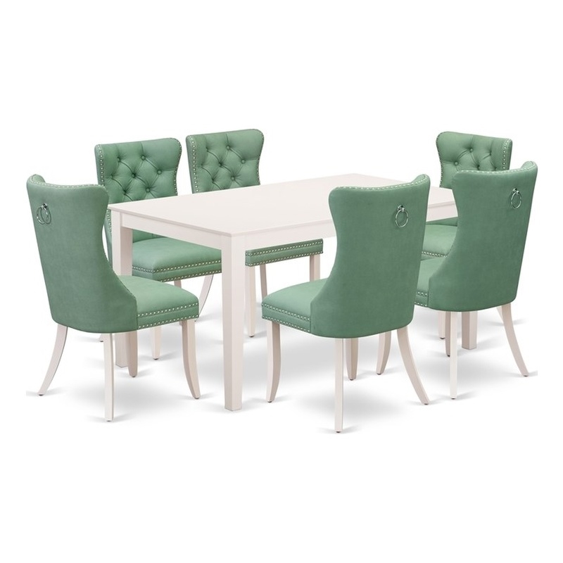 East West Furniture 7-Piece Modern Dining Table Set in Linen White/Willow Green