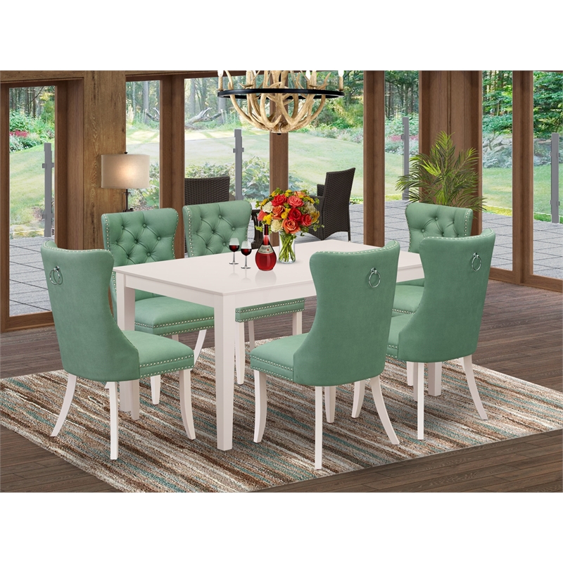 East West Furniture 7-Piece Modern Dining Table Set in Linen White/Willow Green