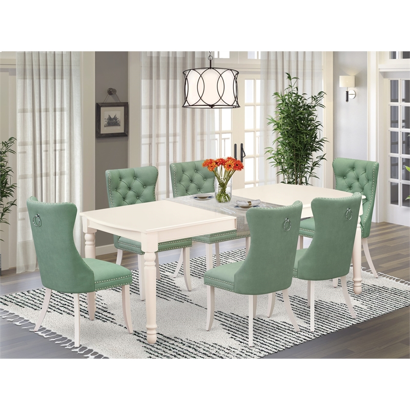 East West Furniture 7-Piece Dining Table Set  in Linen White/Willow Green
