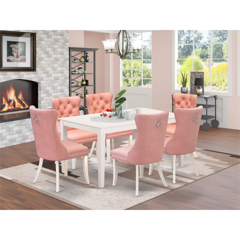 East West Furniture 7-Piece Dining Room Set in Linen White/Beige Red