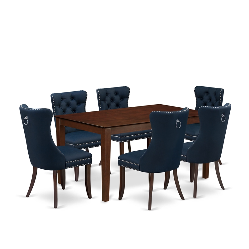 East West Furniture 7-Piece Dining Room Set in Mahogany/Navy Blue
