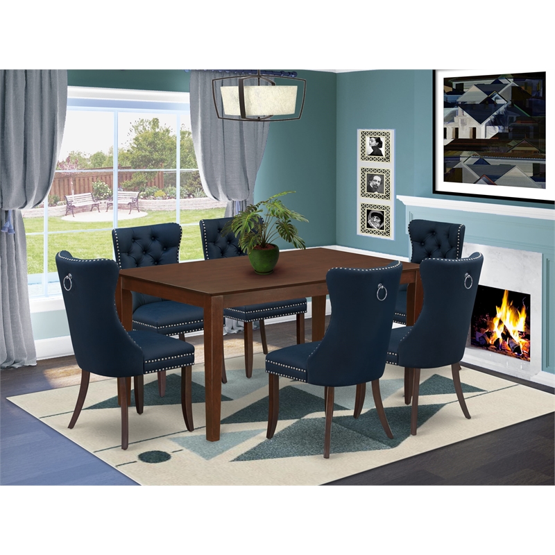 East West Furniture 7-Piece Dining Room Set in Mahogany/Navy Blue