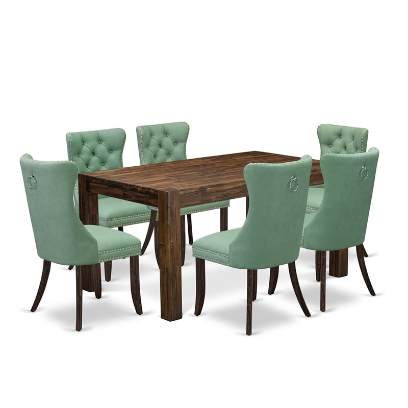 East West Furniture 7-Piece Dining Table Set in Distressed Jacobean/Willow Green
