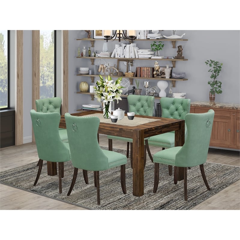 East West Furniture 7-Piece Dining Table Set in Distressed Jacobean/Willow Green