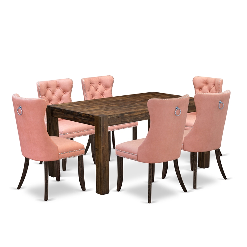 East West Furniture 7-Piece Dining Table Set in Distressed Jacobean/Beige Red