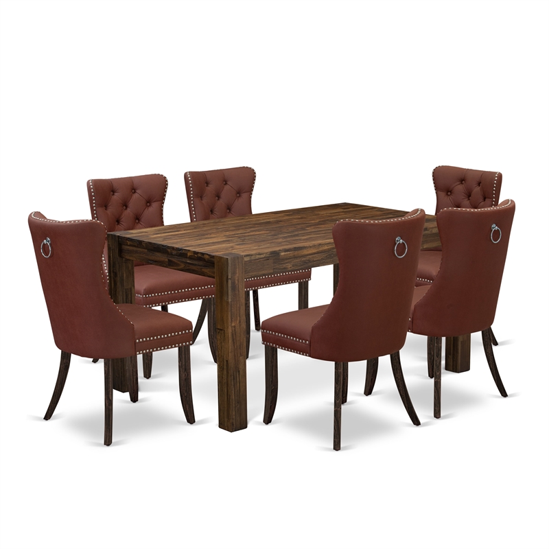 East West Furniture 7-Piece Dining Table Set in Distressed Jacobean/Burgundy