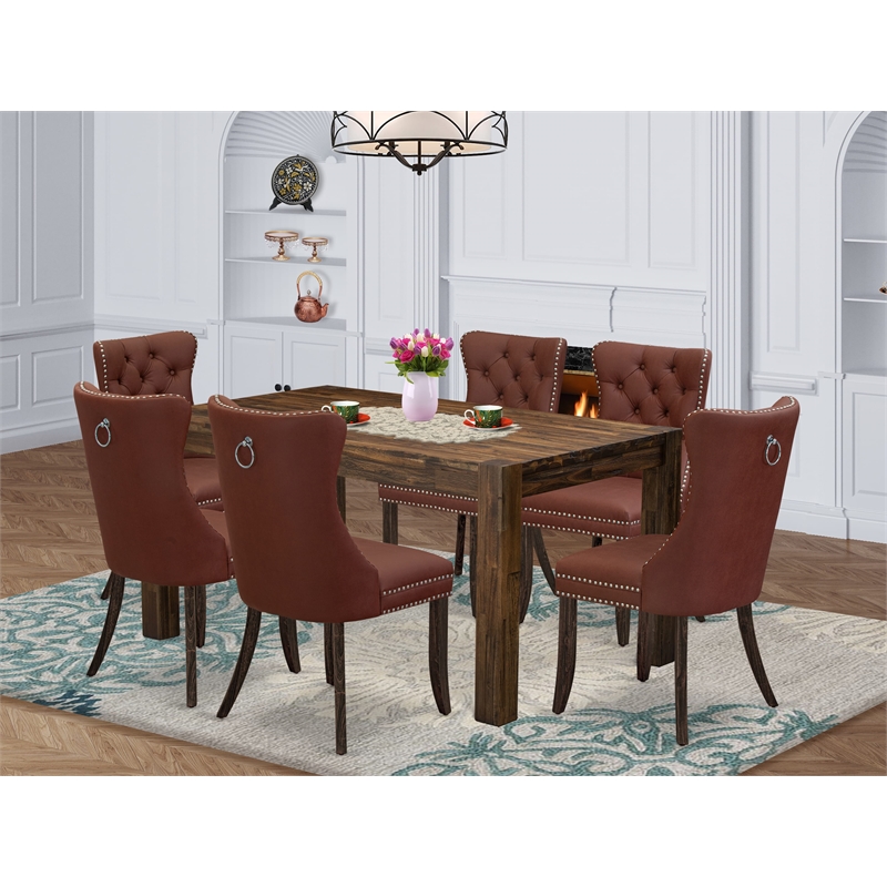 East West Furniture 7-Piece Dining Table Set in Distressed Jacobean/Burgundy