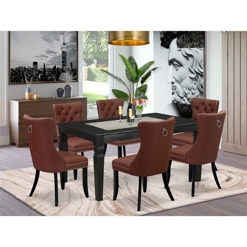 East West Furniture 7-Piece Dining Set in Black/Burgundy