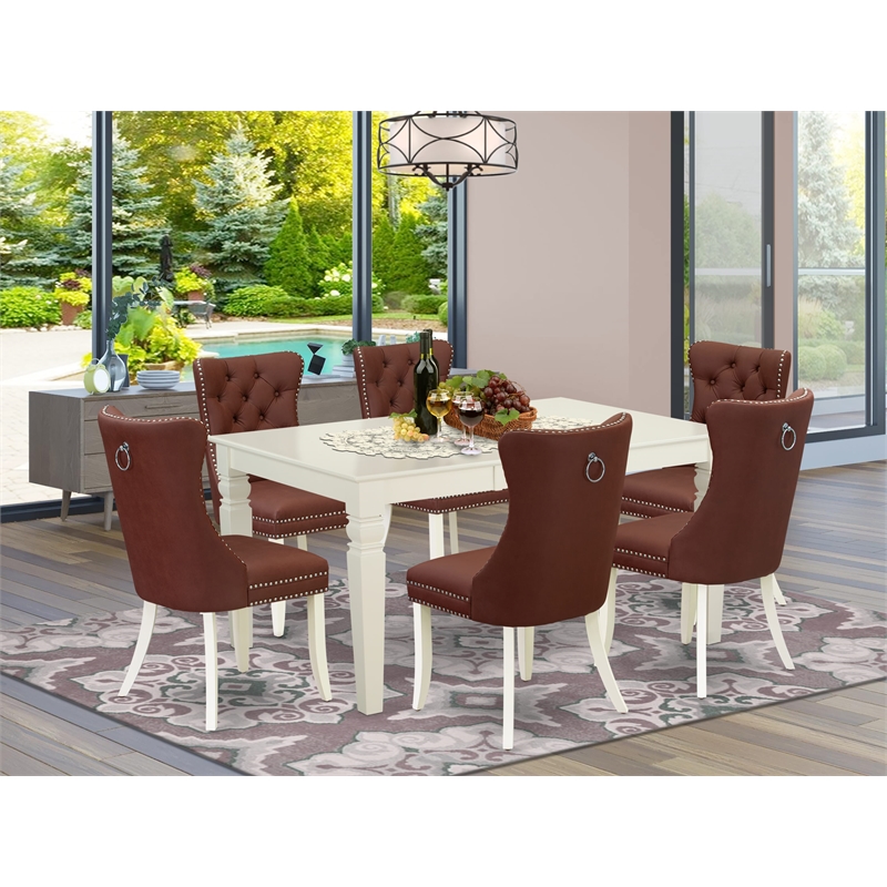 East West Furniture 7-Piece Kitchen Table Set in Linen White/Burgundy
