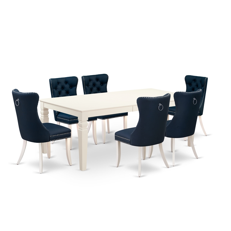 East West Furniture 7-Piece Dining Room Set in Linen White/Navy Blue