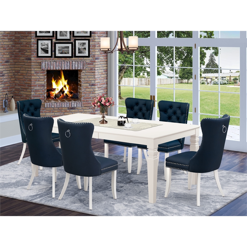 East West Furniture 7-Piece Dining Room Set in Linen White/Navy Blue