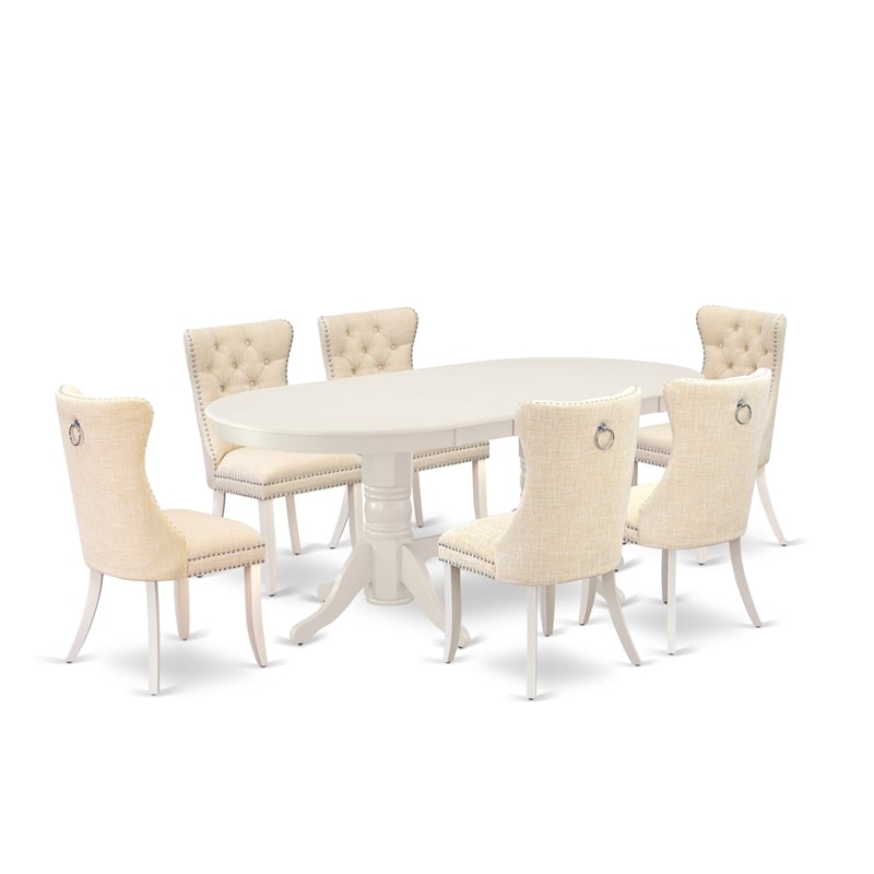 East West Furniture 7-Piece Dining Table Set in Linen White/Light Beige