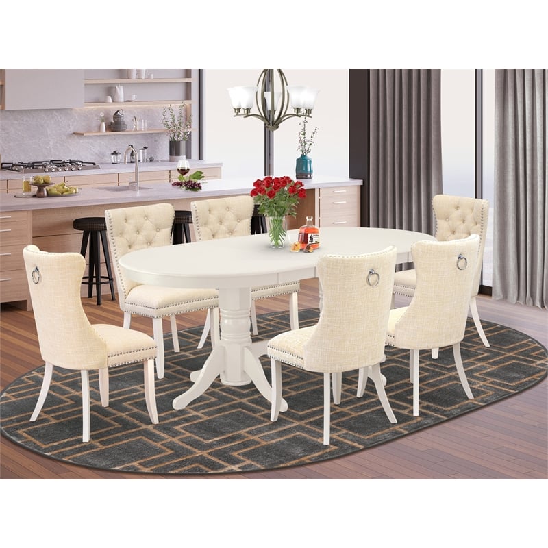 East West Furniture 7-Piece Dining Table Set in Linen White/Light Beige