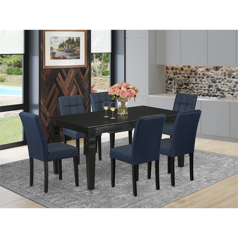 East West Furniture 7-Piece Kitchen Table Set in Black/Dark Navy Blue