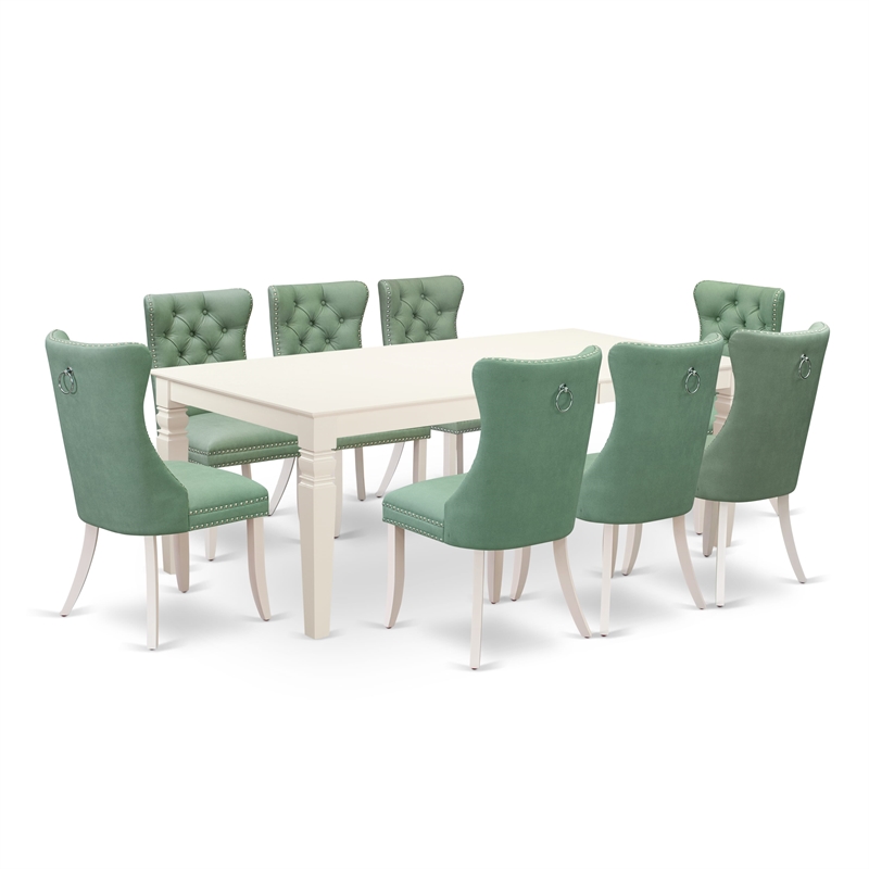 East West Furniture 9-Piece Dining Room Set in Linen White/Willow Green