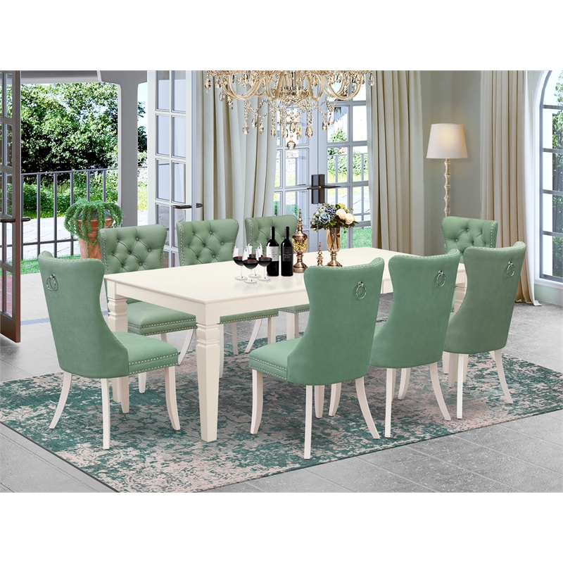 East West Furniture 9-Piece Dining Room Set in Linen White/Willow Green