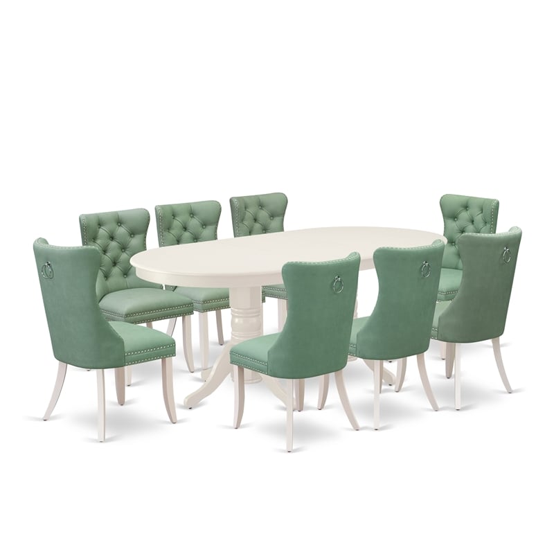 East West Furniture 9-Piece Dining Room Set in Linen White/Willow Green