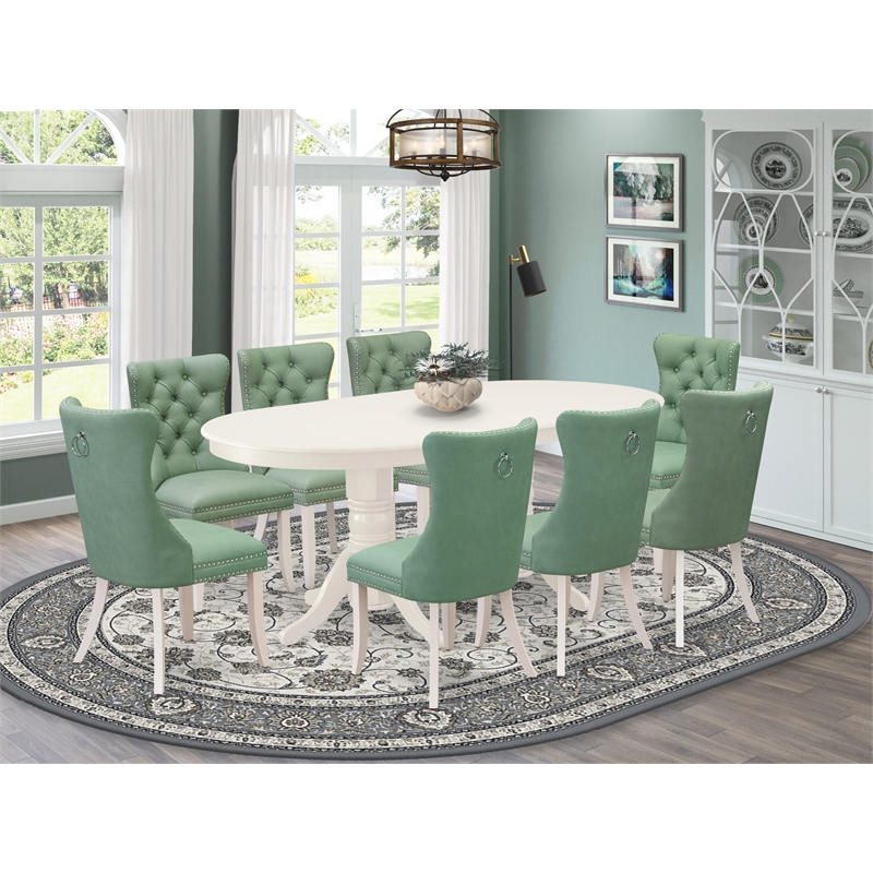 East West Furniture 9-Piece Dining Room Set in Linen White/Willow Green