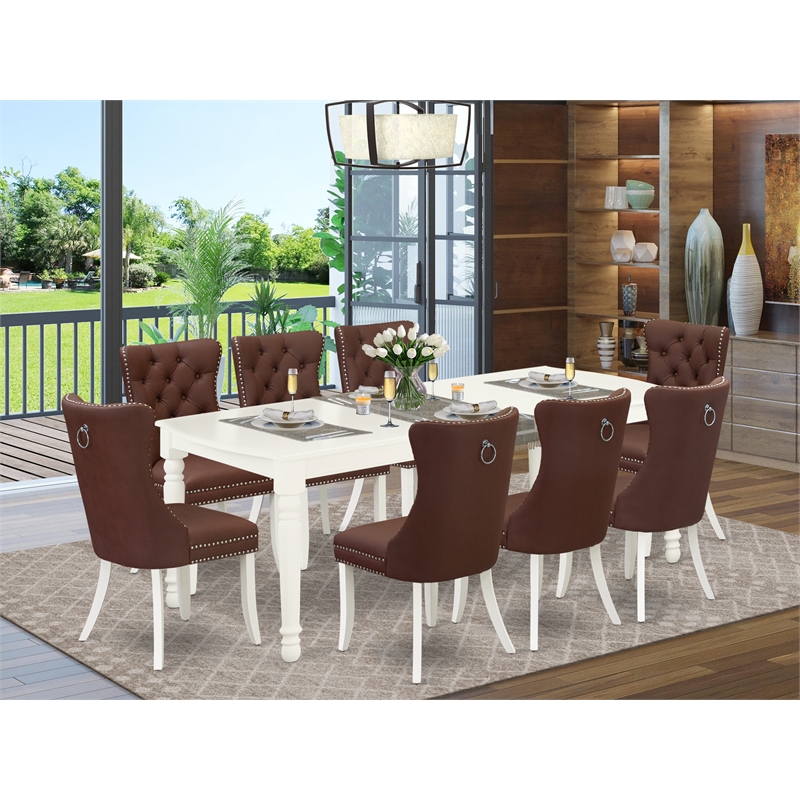East West Furniture 9-Piece Modern Dining Table Set in Linen White/Burgundy