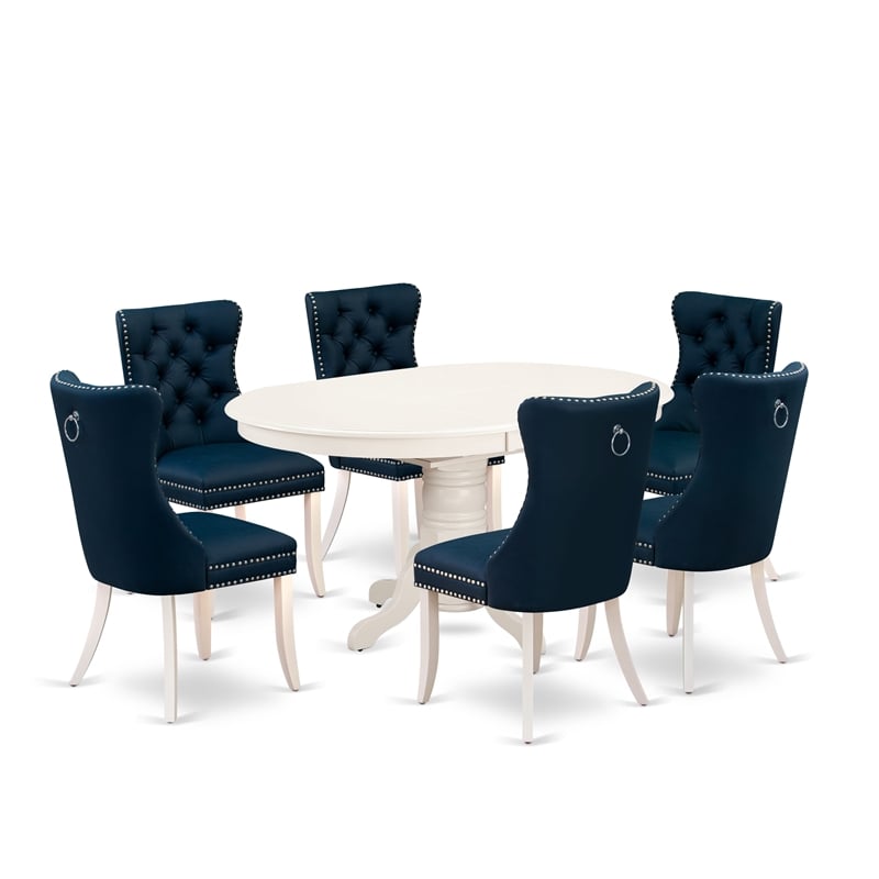 East West Furniture 7-Piece Dining Table Set in Linen White/Navy Blue