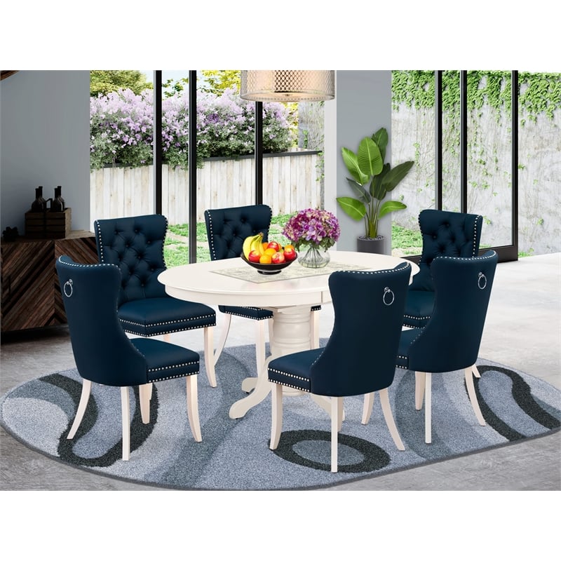 East West Furniture 7-Piece Dining Table Set in Linen White/Navy Blue