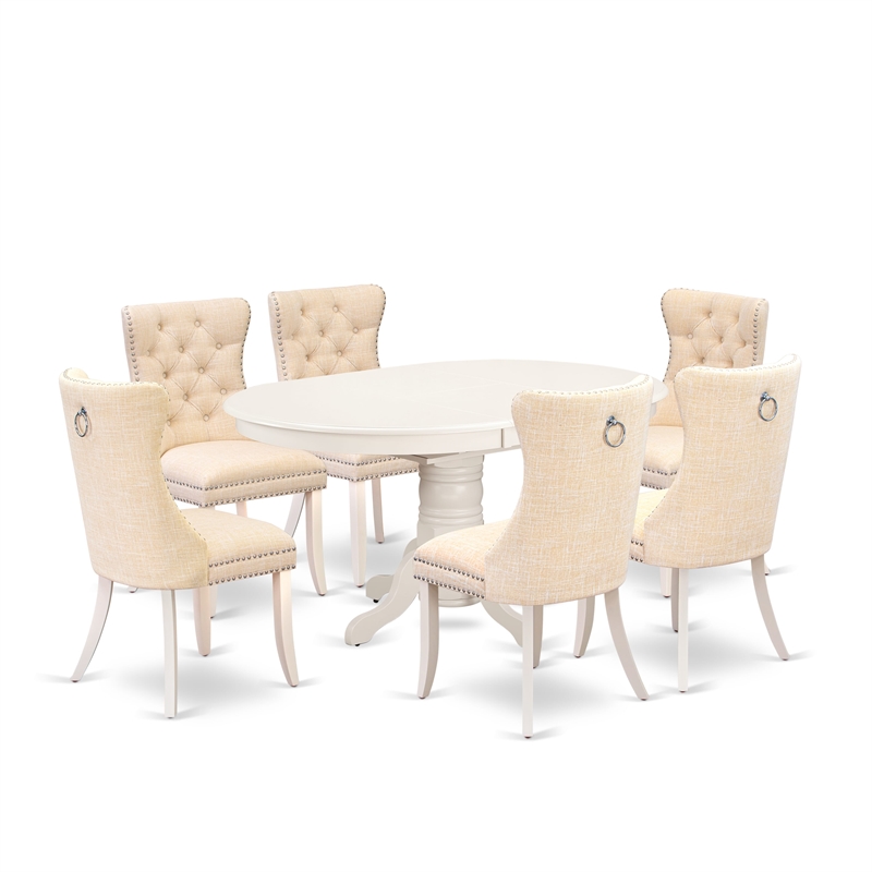 East West Furniture 7-Piece Dining Table Set in Linen White/Light Beige