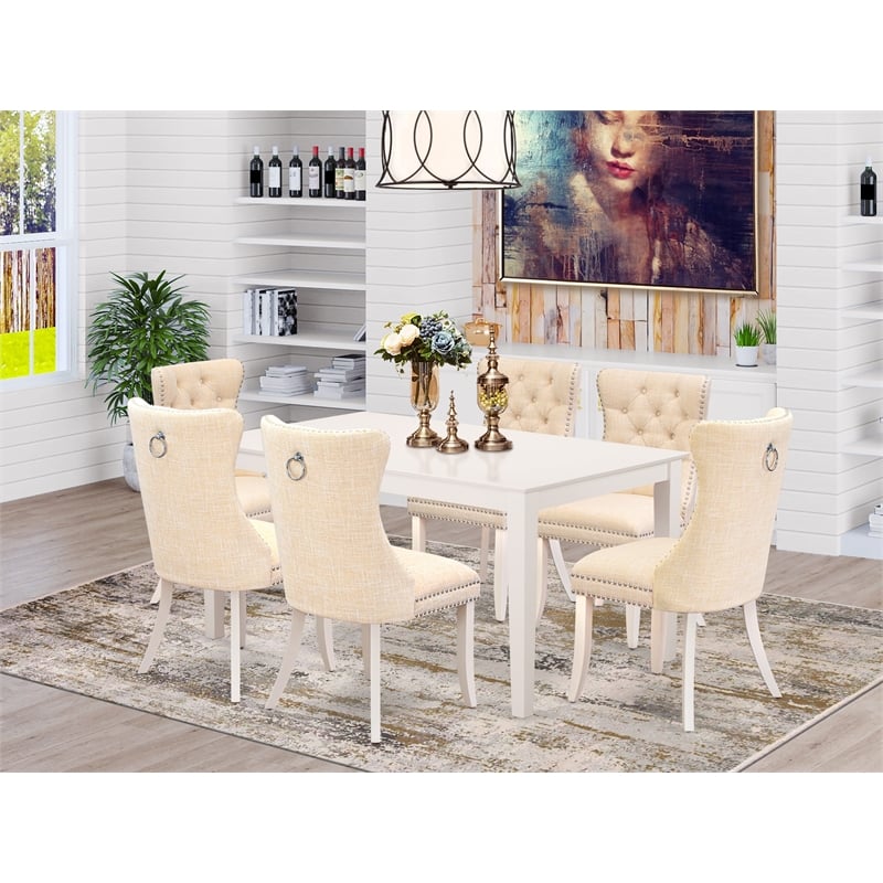 East West Furniture 7-Piece Dining Room Set in Linen White/Light Beige