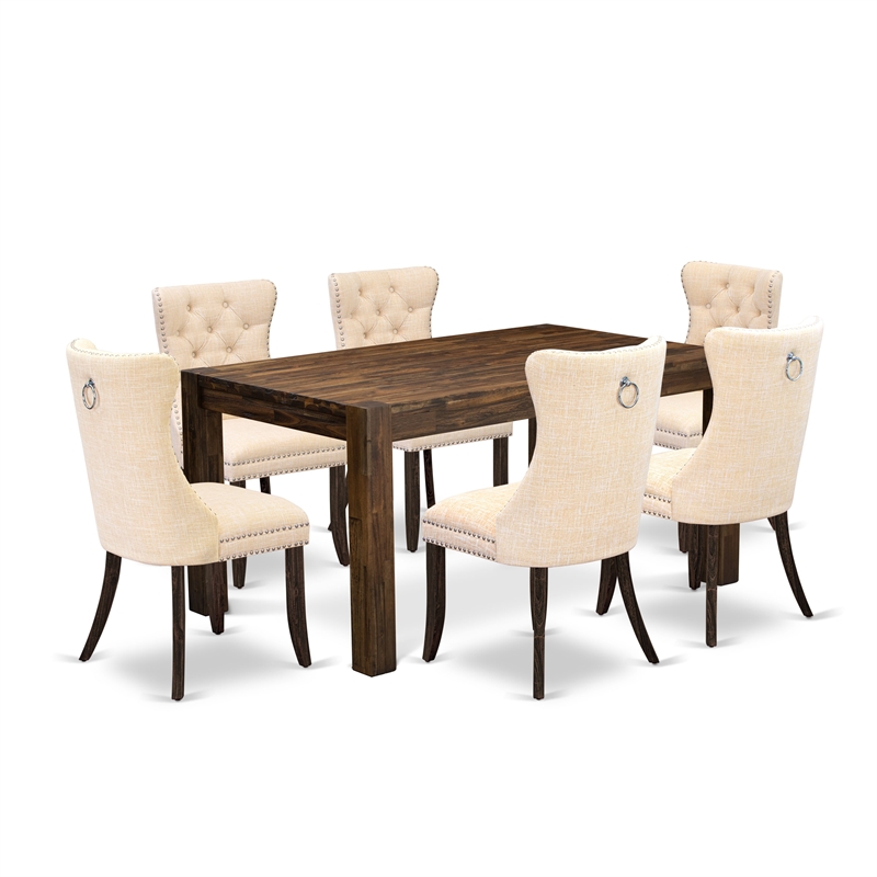 East West Furniture 7-Piece Dining Room Set in Distressed Jacobean/Light Beige