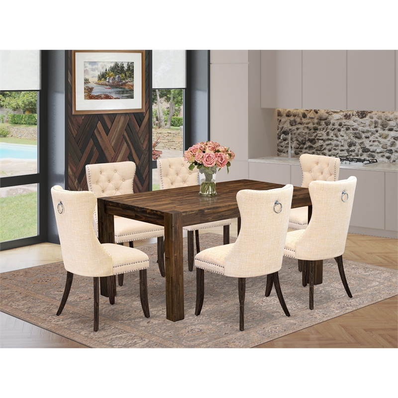 East West Furniture 7-Piece Dining Room Set in Distressed Jacobean/Light Beige