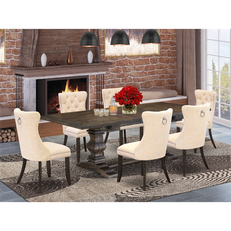 East West Furniture 7-Piece Kitchen Set in Light Beige/Distressed Jacobean