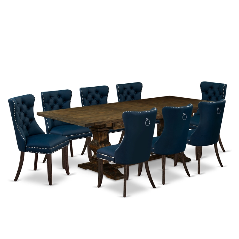 East West Furniture 9-Piece Dining Set in Distressed Jacobean/Navy Blue