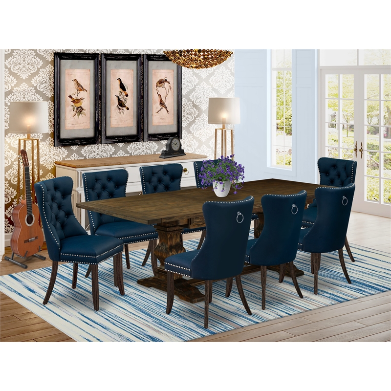 East West Furniture 9-Piece Dining Set in Distressed Jacobean/Navy Blue