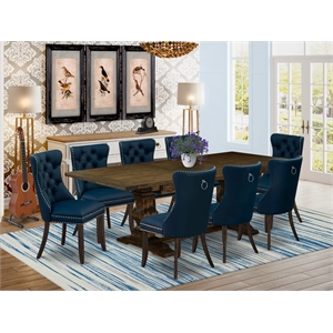 East West Furniture 9-Piece Dining Set in Distressed Jacobean/Navy Blue