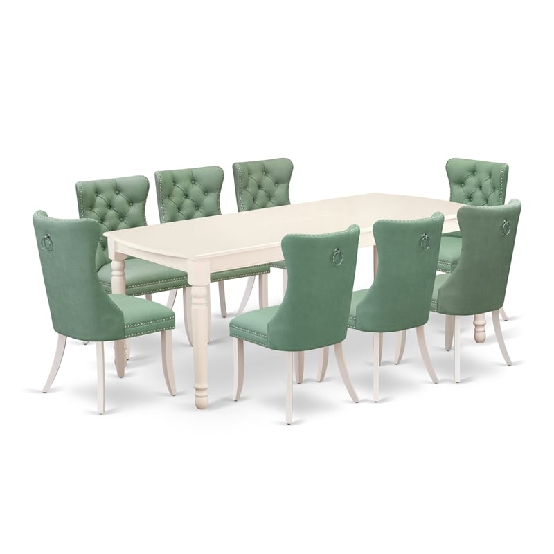 East West Furniture 9-Piece Kitchen Table Set in Linen White/Willow Green