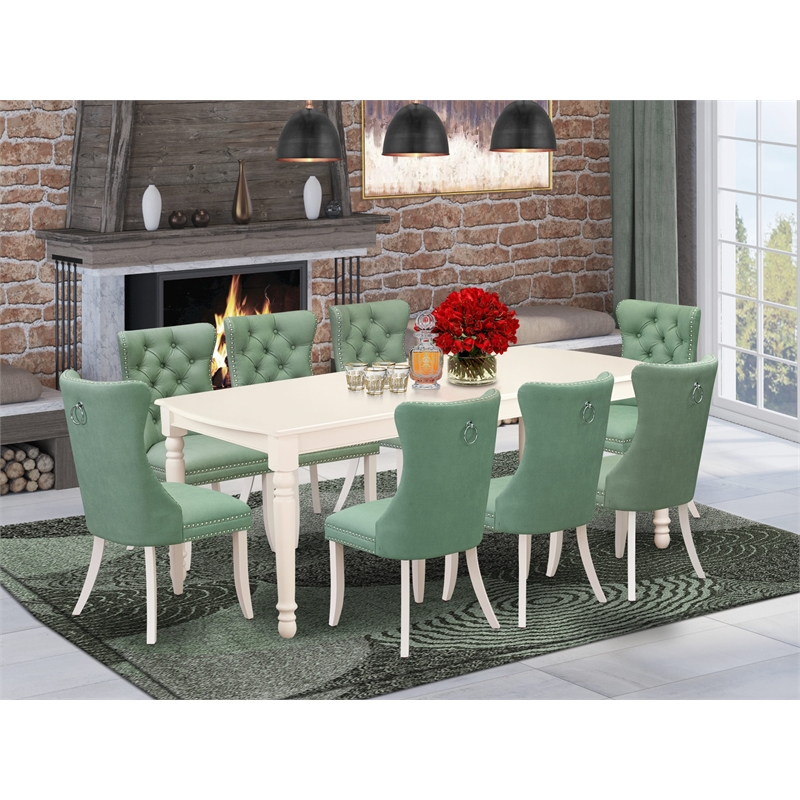 East West Furniture 9-Piece Kitchen Table Set in Linen White/Willow Green