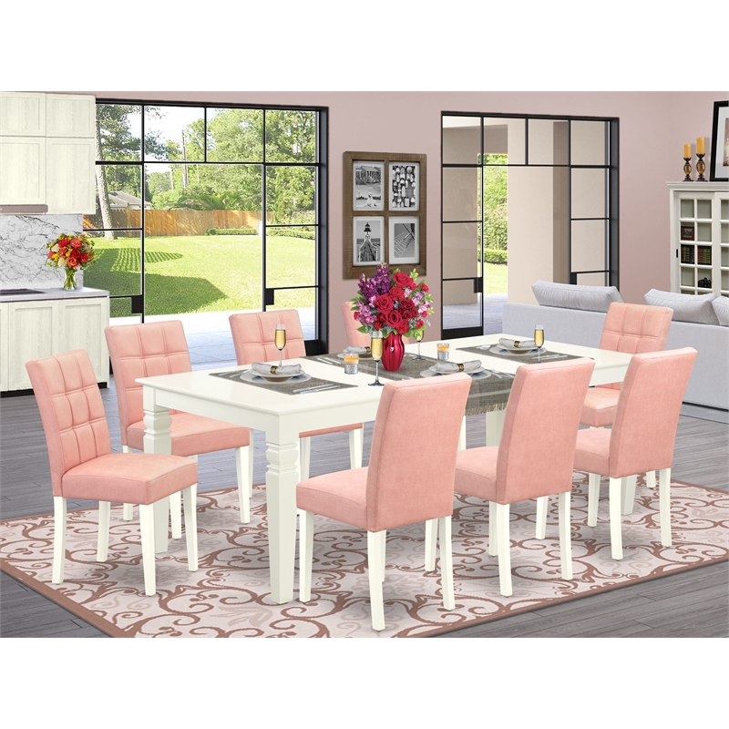 East West Furniture 9-Piece Dining Room Set in Linen White/Beige Red