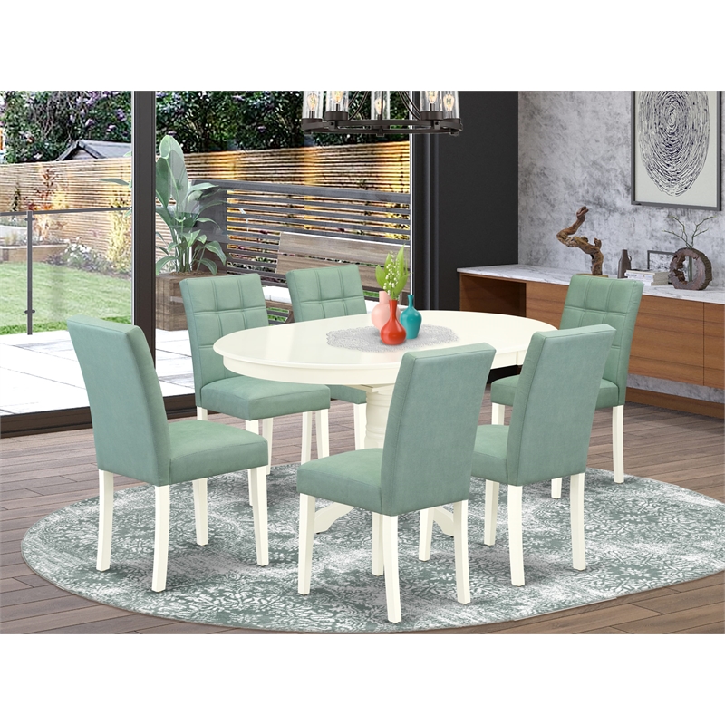 East West Furniture 7-Piece Dining Room Set in Linen White/Willow Green