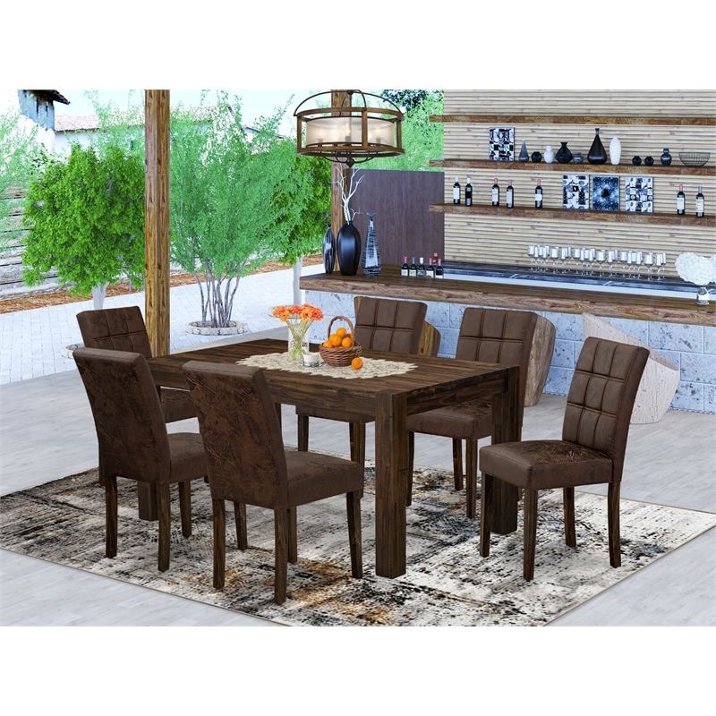 East West Furniture 7-Piece Dinette Set in Distressed Jacobean/Black Textured