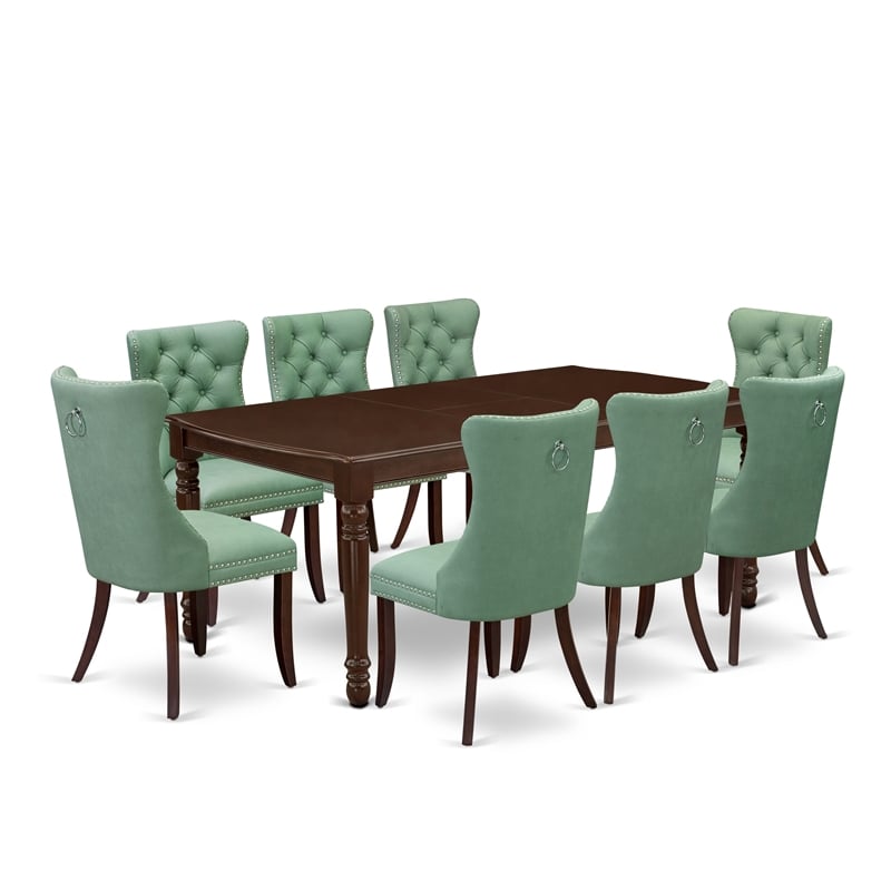 East West Furniture 9-Piece Dining Set in Mahogany/Willow Green