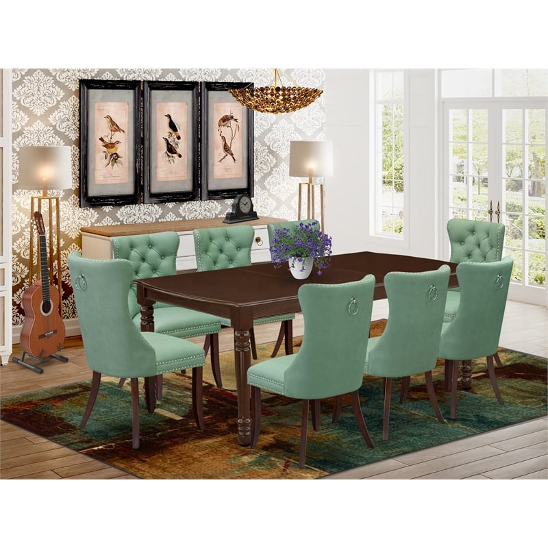East West Furniture 9-Piece Dining Set in Mahogany/Willow Green
