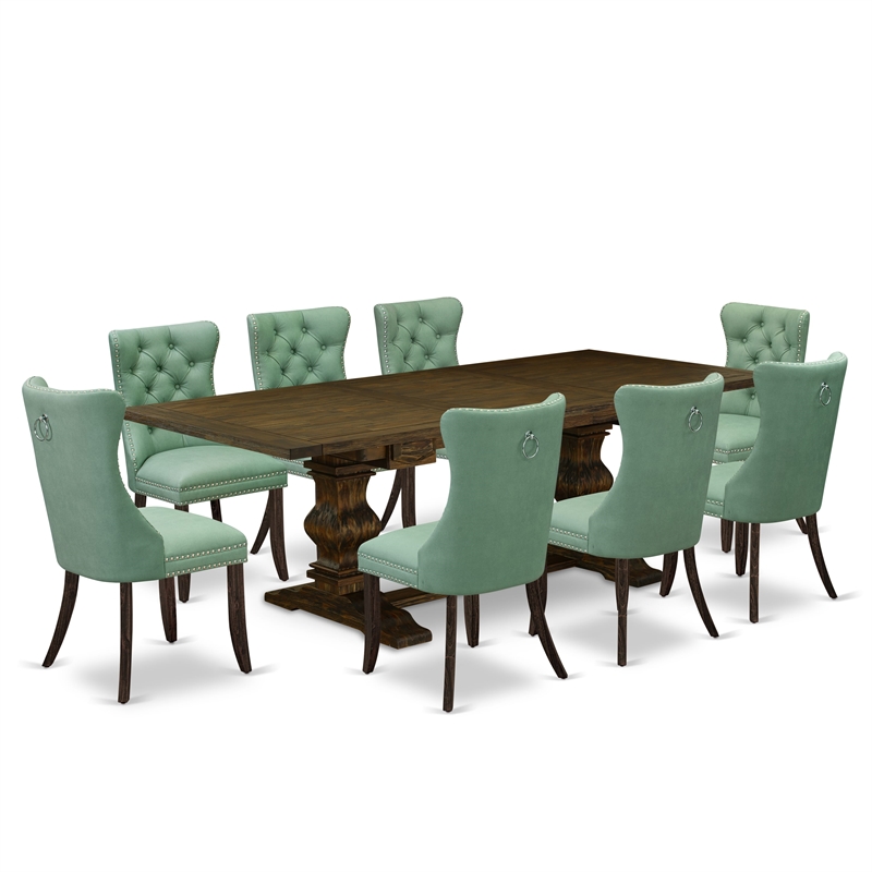 East West Furniture 9-Piece Kitchen Set in Willow Green/Distressed Jacobean