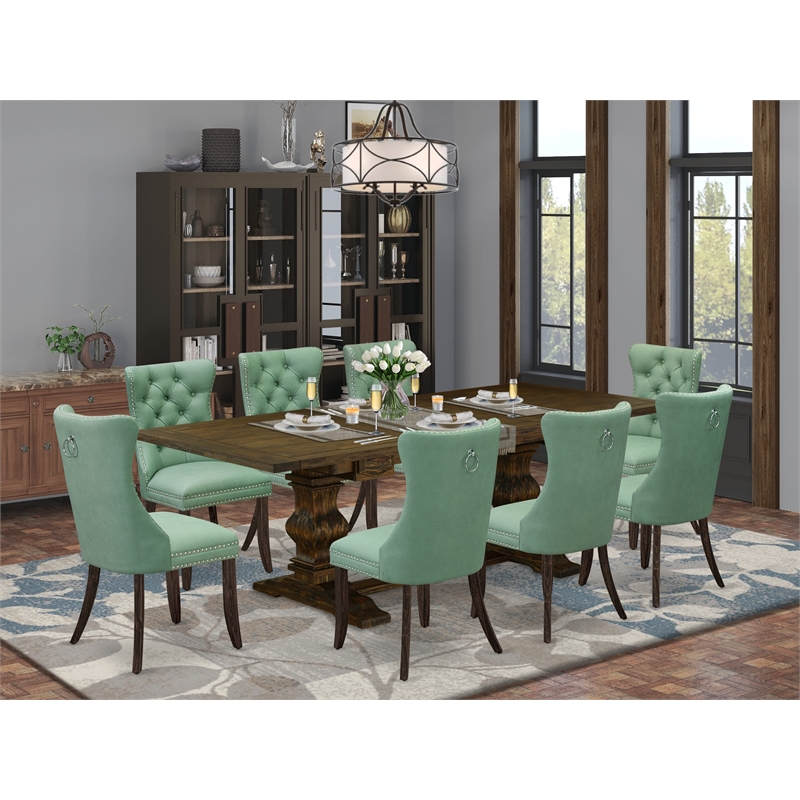 East West Furniture 9-Piece Kitchen Set in Willow Green/Distressed Jacobean