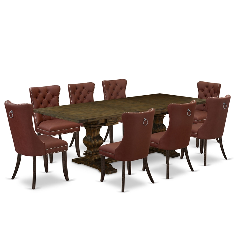 East West Furniture 9-Piece Dining Table Set in Burgundy/Distressed Jacobean