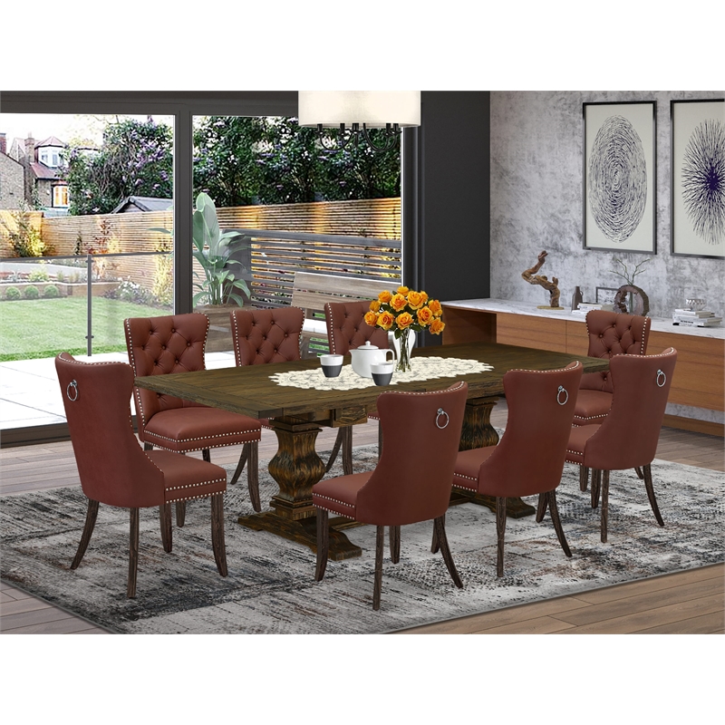 East West Furniture 9-Piece Dining Table Set in Burgundy/Distressed Jacobean